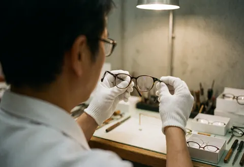 Un opticien ajuste des lunettes dans un atelier équipé d'outils et de boîtes, sur un fond de murs en béton avec une lumière professionnelle.