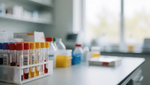 Fond de laboratoire clinique avec des tubes à essai et du matériel médical, idéal pour ajouter du texte. Ambiance propre, professionnelle et éclairée par la lumière naturelle.