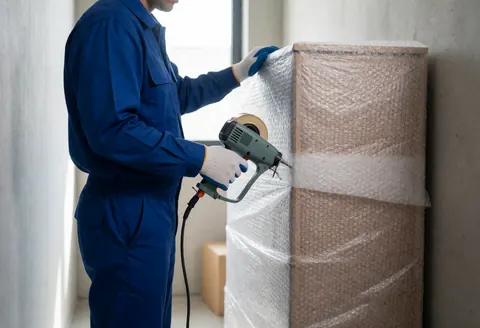 Un déménageur en uniforme bleu protège un meuble avec du papier bulle et du ruban adhésif dans un intérieur aux murs de béton baigné de lumière naturelle.