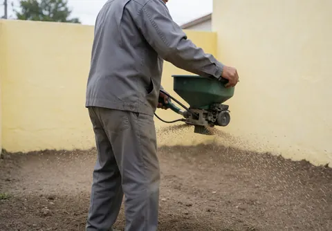 Un ouvrier en uniforme gris utilise une semeuse manuelle sur un sol nu devant un mur jaune, sous une lumière diffuse pour illustrer le service de paysagisme.