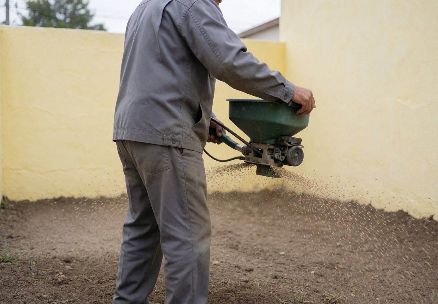 Un ouvrier en uniforme gris utilise une semeuse manuelle sur un sol nu devant un mur jaune, sous une lumière diffuse pour illustrer le service de paysagisme.