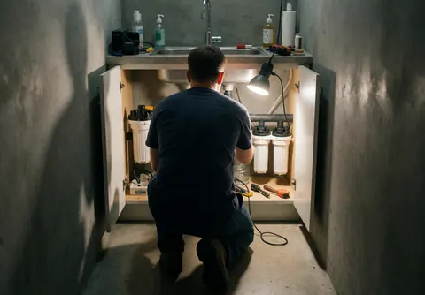 Un plombier professionnel effectue une réparation sous un évier de cuisine, manipulant des tuyaux et des outils avec des éclairages directs sur le béton.