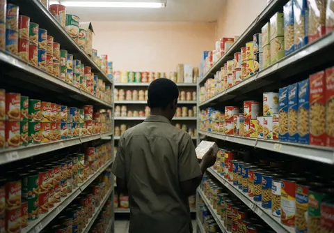 Vue arrière d'un client choisissant des produits dans une allée de minimarché avec des étagères remplies de conserves et de pâtes.