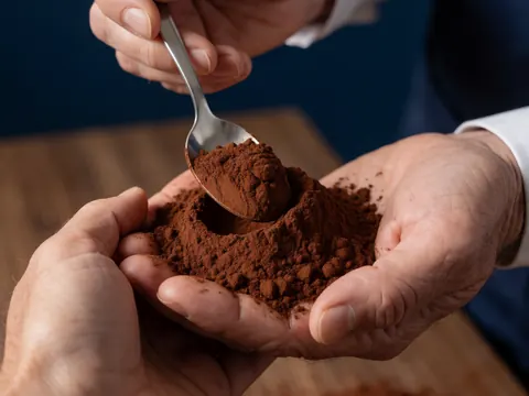 Main tenant une cuillère remplie de cacao en poudre sur fond bois et bleu foncé, texture détaillée, produit de qualité pour café et desserts.