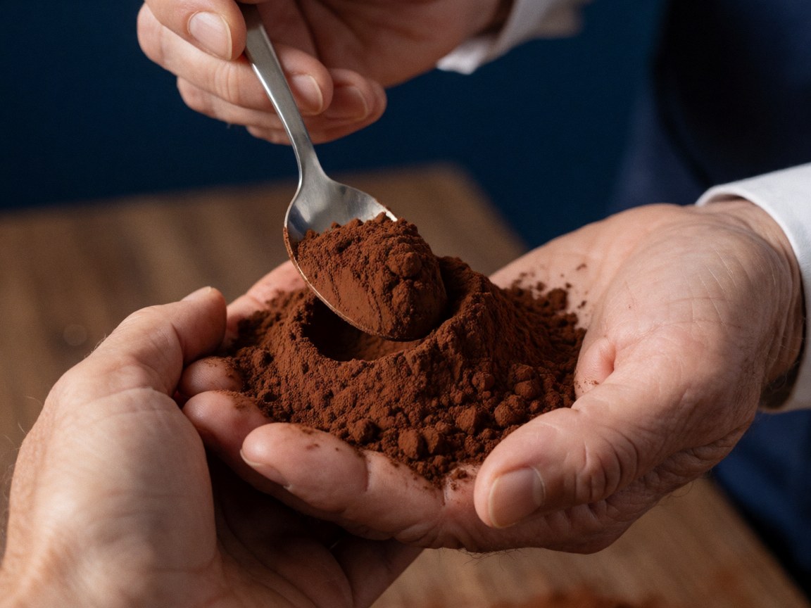 Main tenant une cuillère remplie de cacao en poudre sur fond bois et bleu foncé, texture détaillée, produit de qualité pour café et desserts.