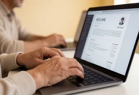 Profilé de mains professionnelles examinant un cv numérique sur un écran d'ordinateur portable dans un bureau avec des murs beige et une lumière chaude.
