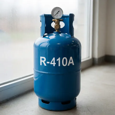 Réservoir métallique bleu contenant du gaz réfrigérant R-410A posé sur un sol en béton dans un environnement industriel avec fenêtre et lumière naturelle.