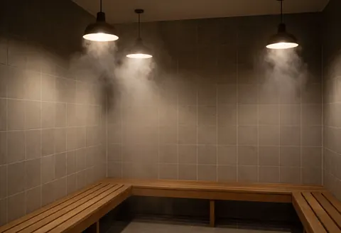 Bain de vapeur avec murs carrelés gris, banc en bois et lumières suspendues éclairant la vapeur, ambiance relaxante et propre.