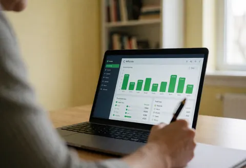 Une personne utilise un ordinateur portable sur un bureau en bois clair, éclairé par la lumière naturelle, avec une étagère floue en arrière-plan.