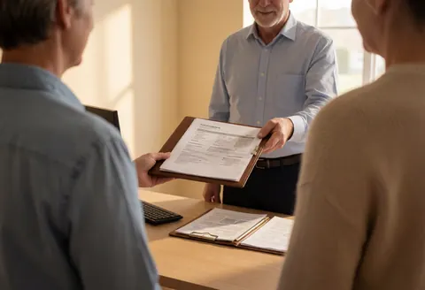 Un professionnel remet un rapport dans un dossier à un client dans un bureau avec une lumière naturelle et une ambiance de travail collaborative.