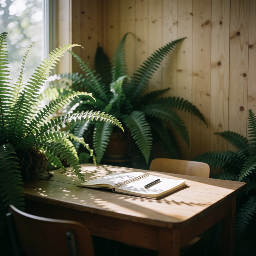 Un bureau en bois clair éclairé par la lumière naturelle du soleil, orné de fougères vertes, d'un cahier ouvert et de livres, créant un espace de travail calme et inspirant.