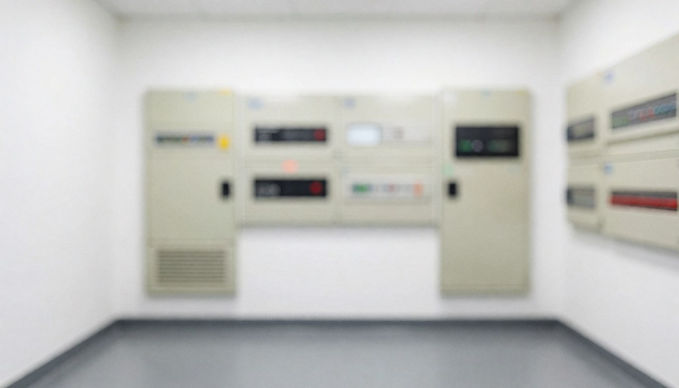 Vue de face de panneaux électriques montés sur un mur blanc dans une salle technique avec un sol gris et un éclairage uniforme pour fond professionnel.