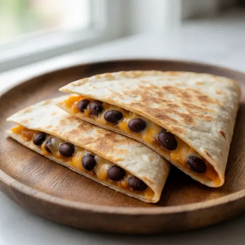 Deux quesadillas garnies de haricots noirs et de fromage fondu, servies sur une assiette en bois sous un éclairage naturel.