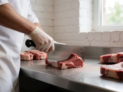 Un professionnel coupe de la viande d'agneau sur un comptoir en acier inoxydable avec des couteaux et des gants.