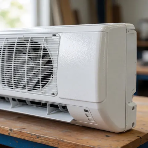 Installation d'une unité intérieure de climatisation sur un mur blanc avec des outils et du bois en arrière-plan flou.