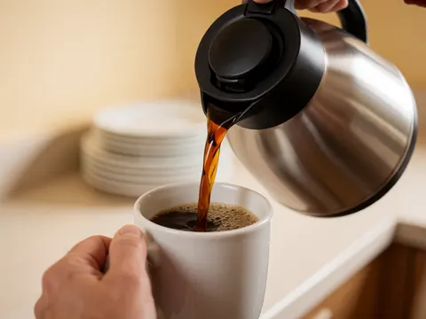 Tasse de café chaud avec mousse et vapeur, posée sur un comptoir en acier inoxydable avec des plats en céramique, baignée de lumière naturelle.