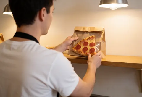 Un employé place une pizza pepperoni dans un sac en papier sur une table en bois, avec une lumière chaude et un fond flou, évoquant le service rapide.