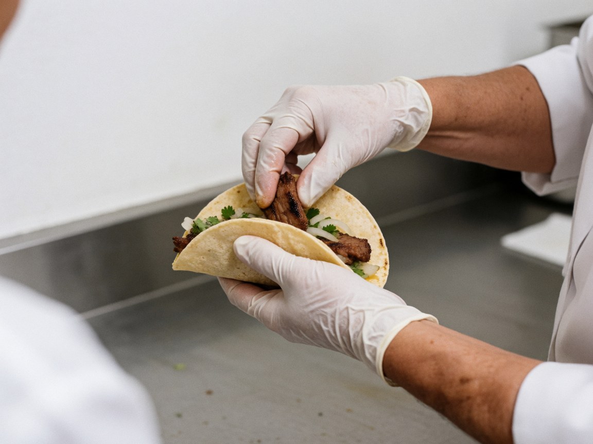 Mains gantées assemblent un taco sur une surface en acier inoxydable, montrant la viande grillée, la tortilla, le cilantro et l'oignon dans un contexte de cuisine professionnelle.