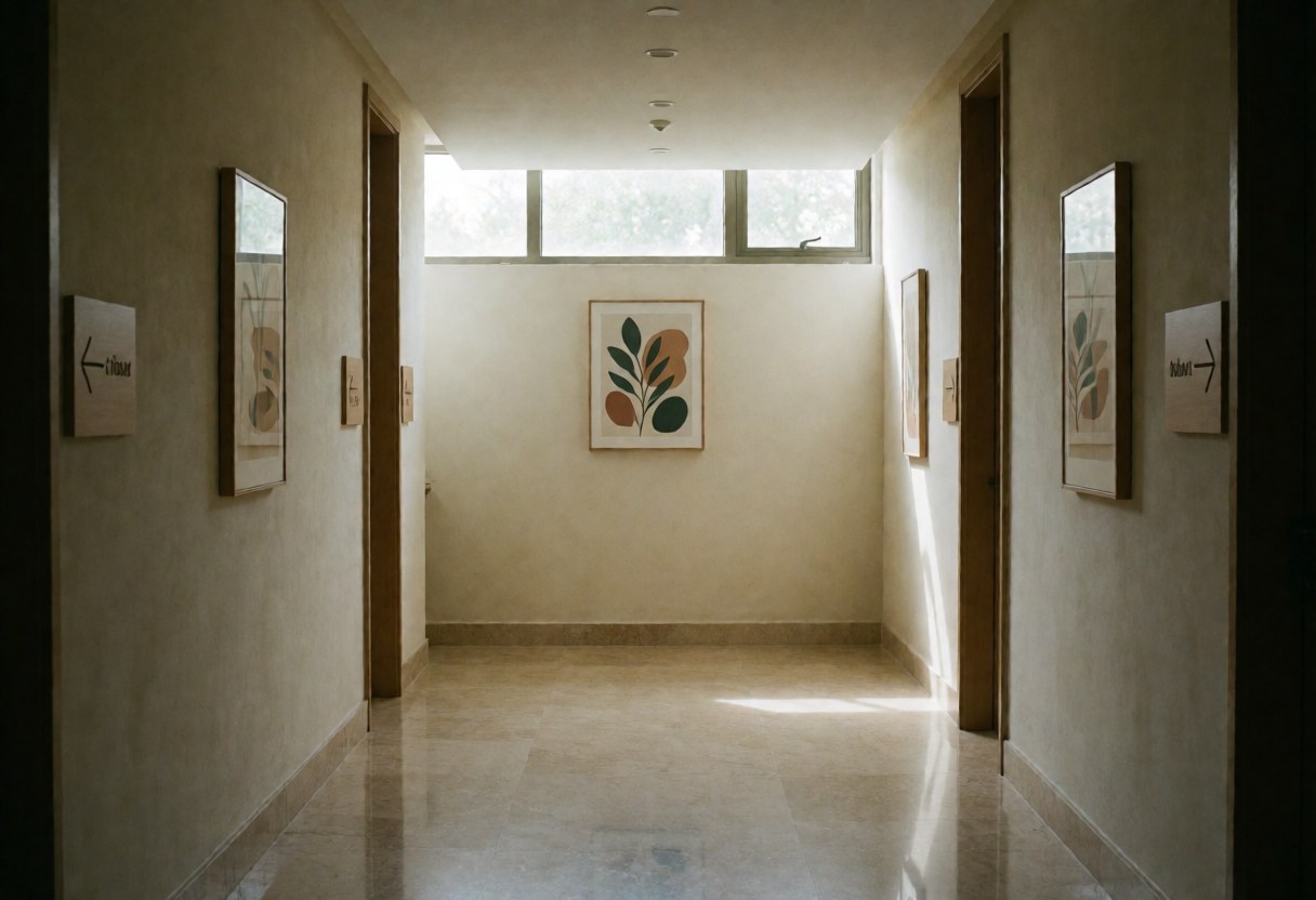 Couloir d'entrée lumineux et apaisant d'un spa, avec murs beige, sol en pierre et bois, et décorations végétales.