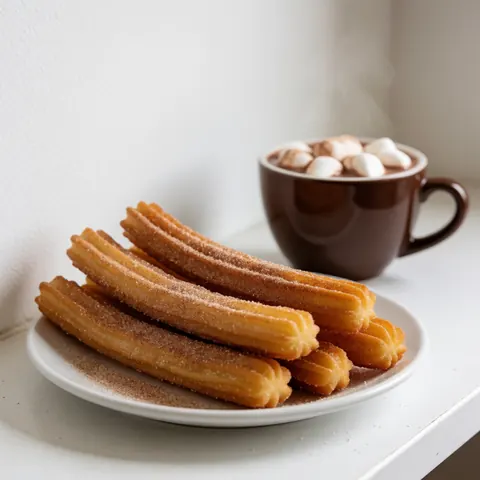 Assiette de churros dorés parsemés de sucre et de cannelle accompagnée d'une tasse de chocolat chaud fumant garnie de guimauves sur fond blanc.
