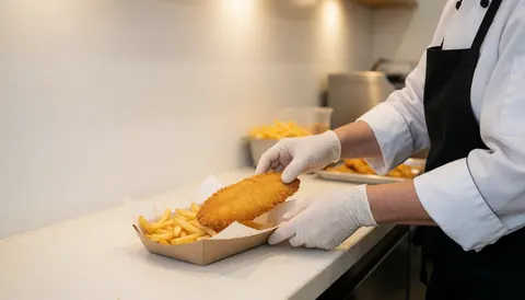Un chef en gants blancs sert un steak frit sur des frites dans une boîte en papier, sur un fond de cuisine propre et lumineuse.