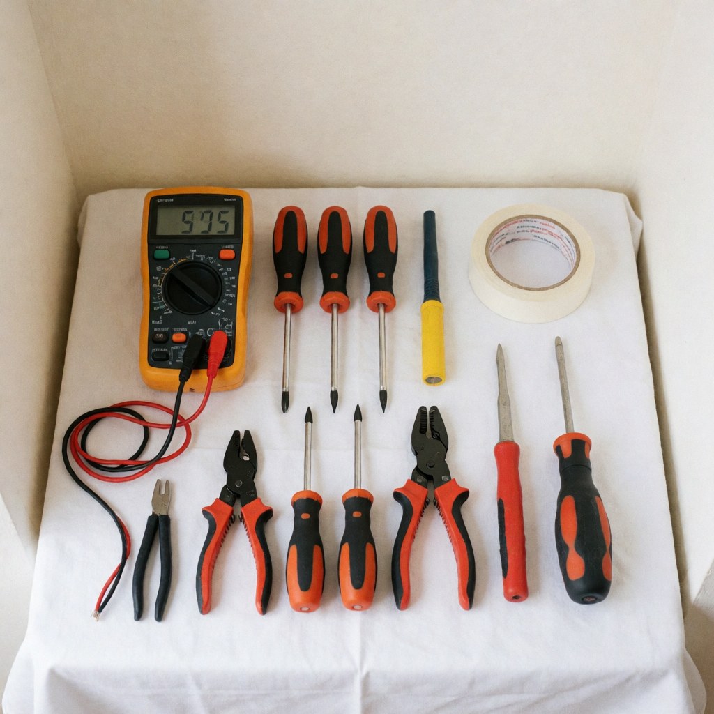 Kit de réparation électrique disposant d'un multimètre, de pinces, d'un tournevis et d'autres outils sur une surface ordonnée.
