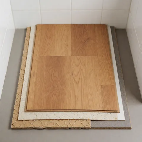 Vue rapprochée de la structure multicouche d'un plancher en stratifié, montrant les différentes couches du matériau de construction.
