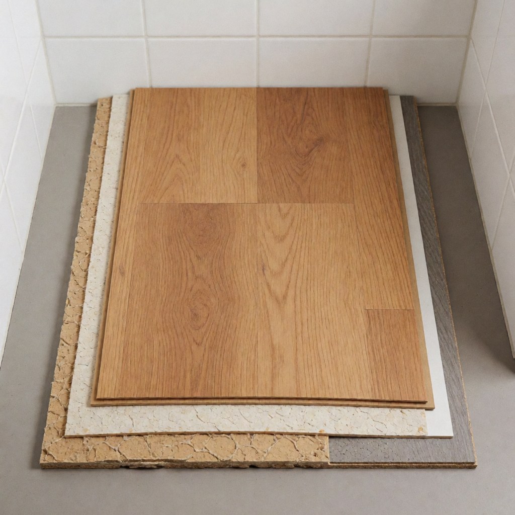 Vue rapprochée de la structure multicouche d'un plancher en stratifié, montrant les différentes couches du matériau de construction.