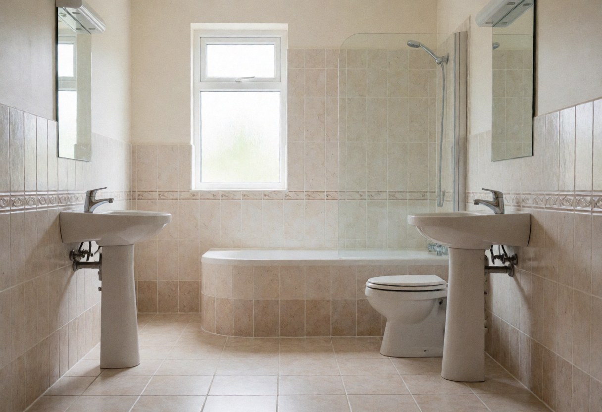 Salle de bain moderne et propre avec deux lavabos, douche, toilettes et fenêtre, idéale pour montrer des services de construction ou de rénovation.