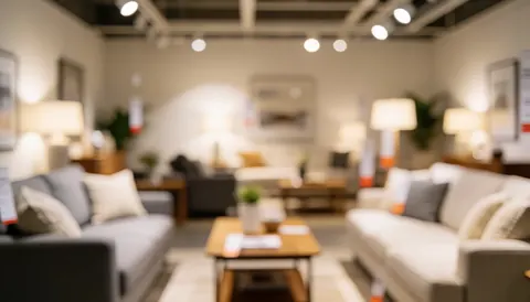Arrière-plan flou d'un showroom avec des meubles modernes, une lumière douce et des tons neutres pour un texte ou une promotion.
