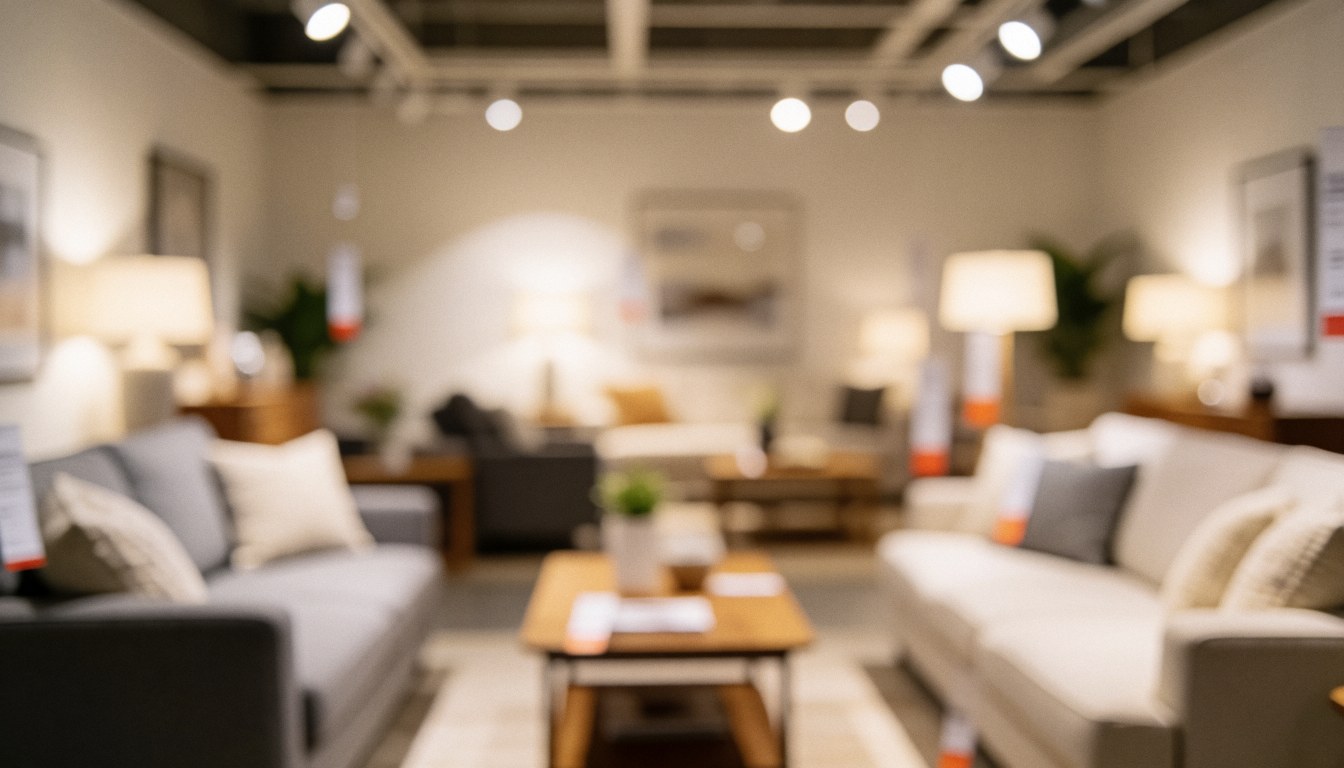 Arrière-plan flou d'un showroom avec des meubles modernes, une lumière douce et des tons neutres pour un texte ou une promotion.