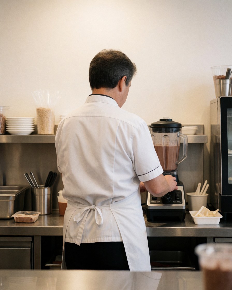 Un cuisinier en uniforme blanc prépare un milk-shake avec un mixeur sur un plan de travail en acier inoxydable, entouré d'ustensiles et d'ingrédients dans une cuisine professionnelle.