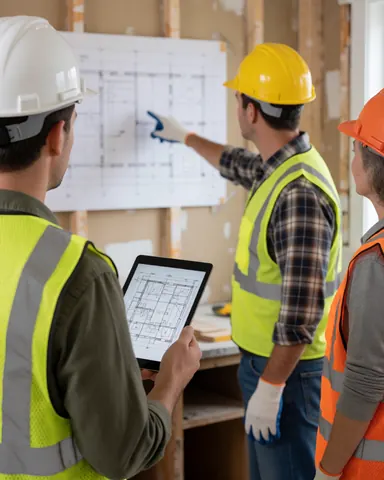 Trois constructeurs dans une maison en rénovation consultent des plans sur une tablette, portant casques et gants de sécurité pour une communication claire.
