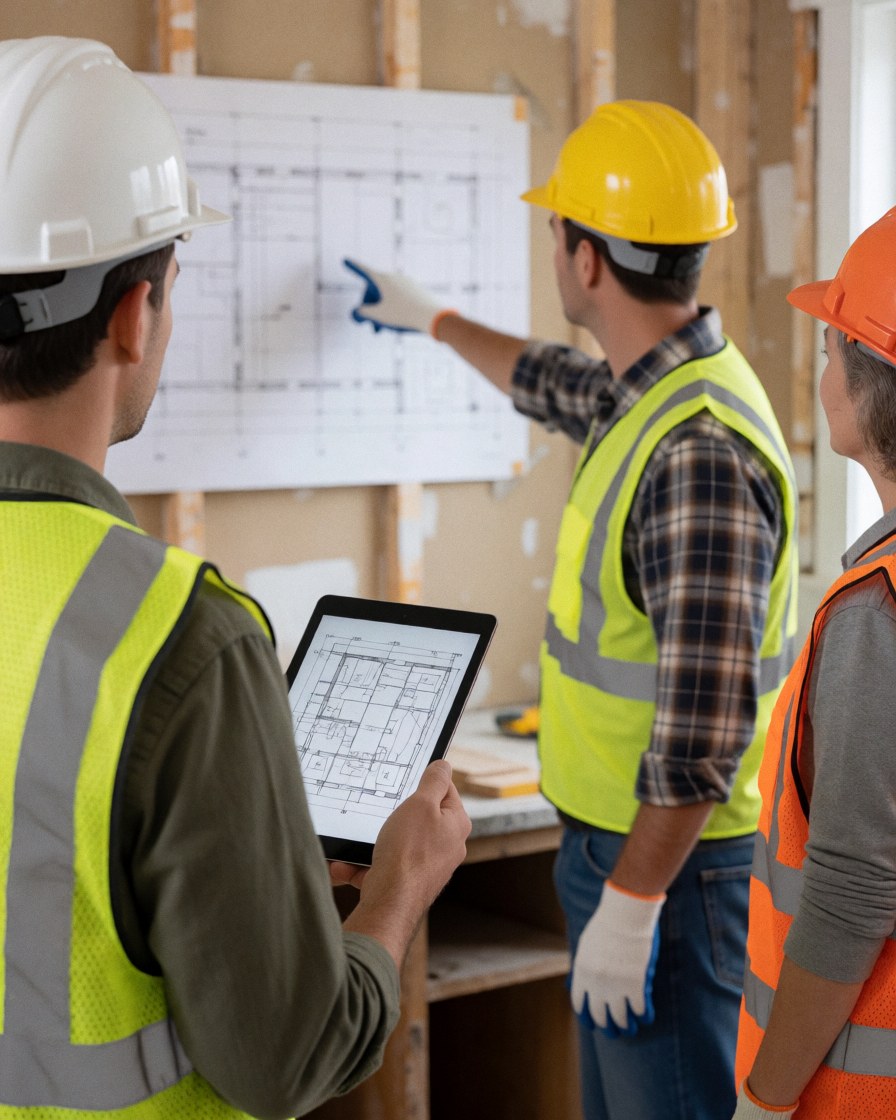 Trois constructeurs dans une maison en rénovation consultent des plans sur une tablette, portant casques et gants de sécurité pour une communication claire.