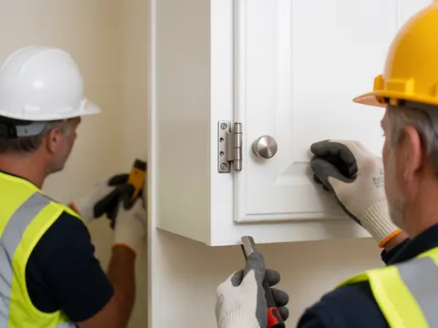 Deux constructeurs installent une porte de cuisine blanche avec des accessoires métalliques, portant gants et casques lors d'une rénovation intérieure aux murs blancs chauds.