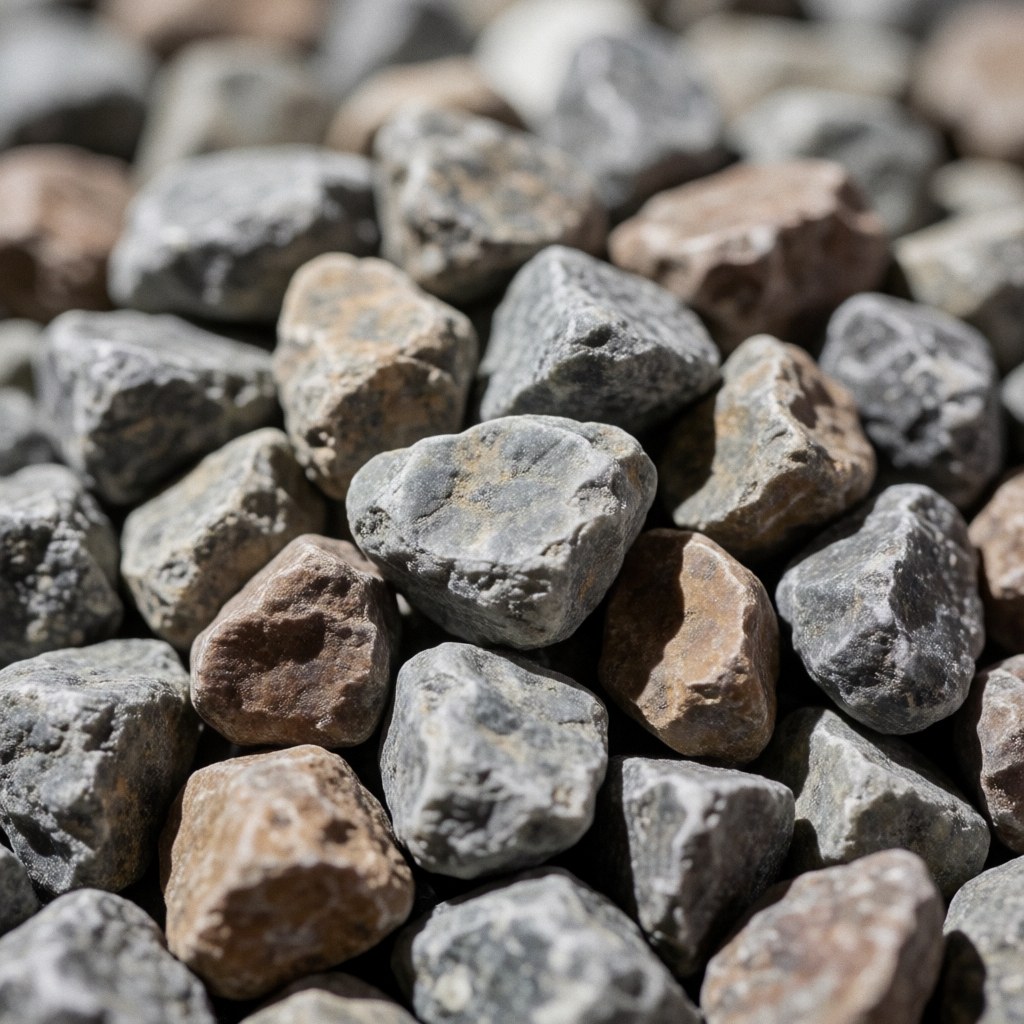 Vue rapprochée d'un amas de gravier grossier aux tons gris et marron, montrant la texture brute des pierres utilisées comme matériau de construction.