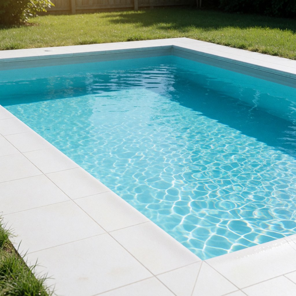 Piscine enterrée récemment terminée avec eau turquoise brillante, carrelage blanc et pelouse verte sous un soleil intense, idéale pour promouvoir des services de construction.