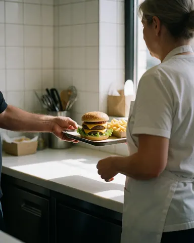 Une cliente reçoit son hamburger et ses frites dans un restaurant rapide. Le vendeur lui tend l'assiette contenant la nourriture.