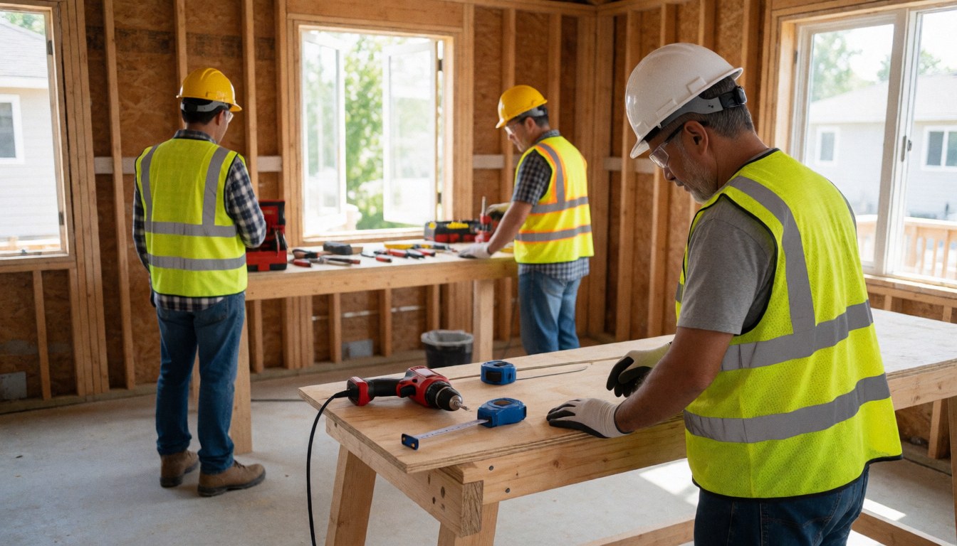 Des ouvriers en tenue de sécurité travaillent sur une maison en rénovation avec des outils et du matériel visible.