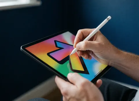 Une main trace une flèche colorée sur une tablette digitale avec un fond bleu sombre, illustrant le design créatif pour le marketing digital et les réseaux sociaux.