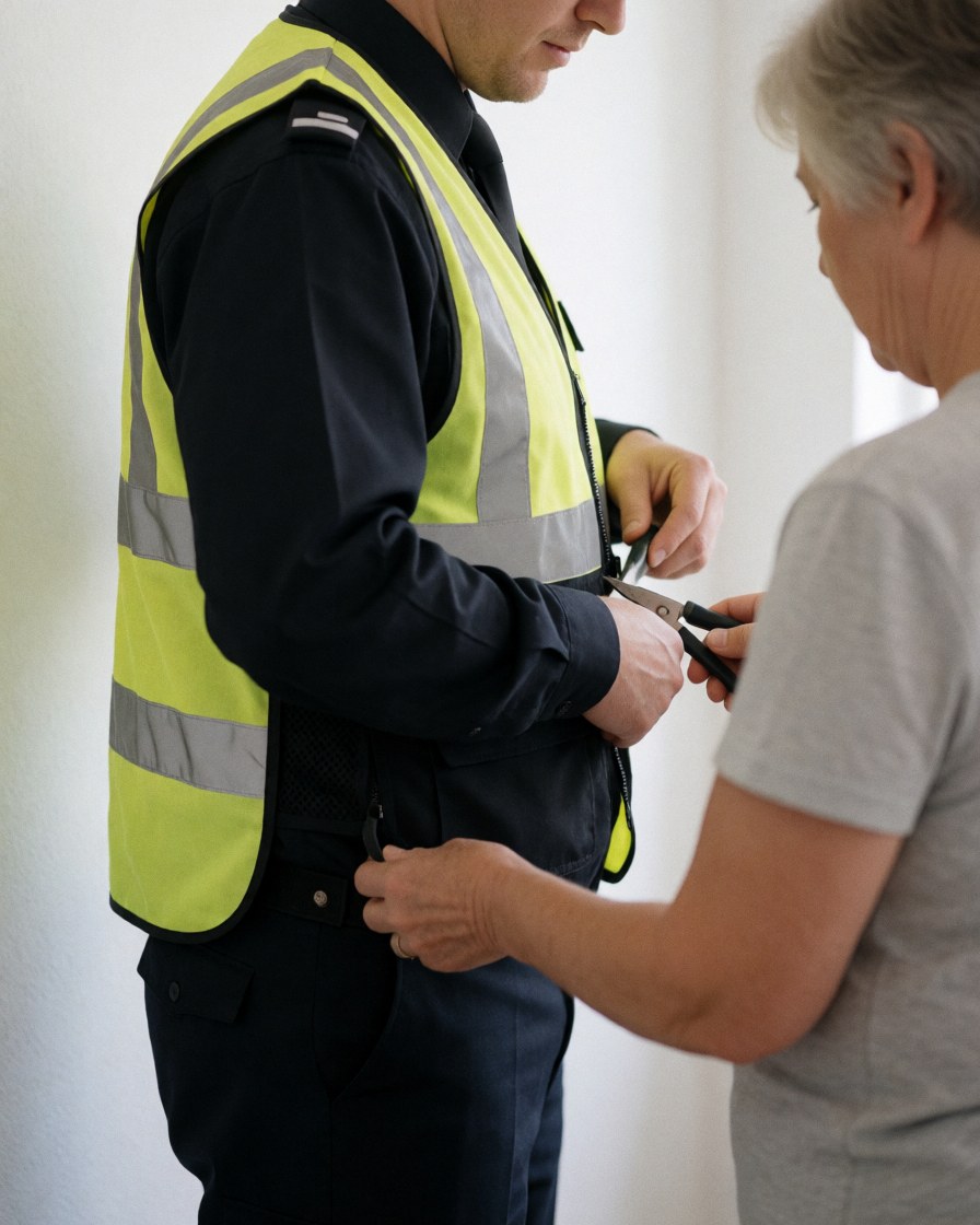 Un professionnel ajuste son gilet de sécurité tandis qu'une autre personne l'aide avec des ciseaux dans un intérieur aux murs blancs, en mettant l'accent sur les mains et l'équipement de sécurité.