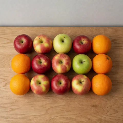 Des pommes rouges, vertes et des oranges brillantes disposées sur du bois clair pour promouvoir la nutrition saine.
