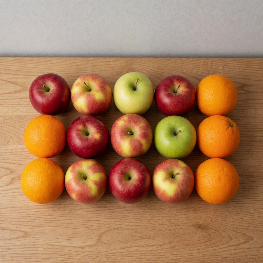 Des pommes rouges, vertes et des oranges brillantes disposées sur du bois clair pour promouvoir la nutrition saine.