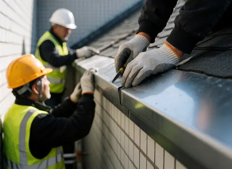 Des ouvriers en équipements de sécurité fixent une tôle métallique au bord d'un toit recouvert de carreaux blancs, avec un focus sur les mains et les outils.