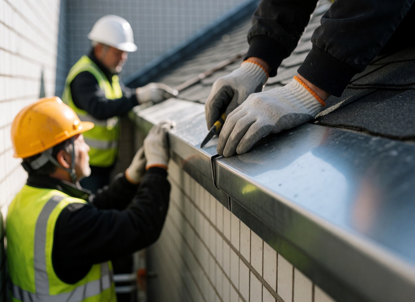 Des ouvriers en équipements de sécurité fixent une tôle métallique au bord d'un toit recouvert de carreaux blancs, avec un focus sur les mains et les outils.