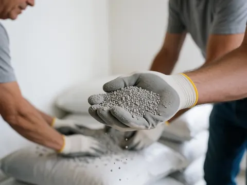 Gros plan d'une main portant un gant tenant des granulés d'engrais avec des sacs blancs en arrière-plan pour l'agriculture.