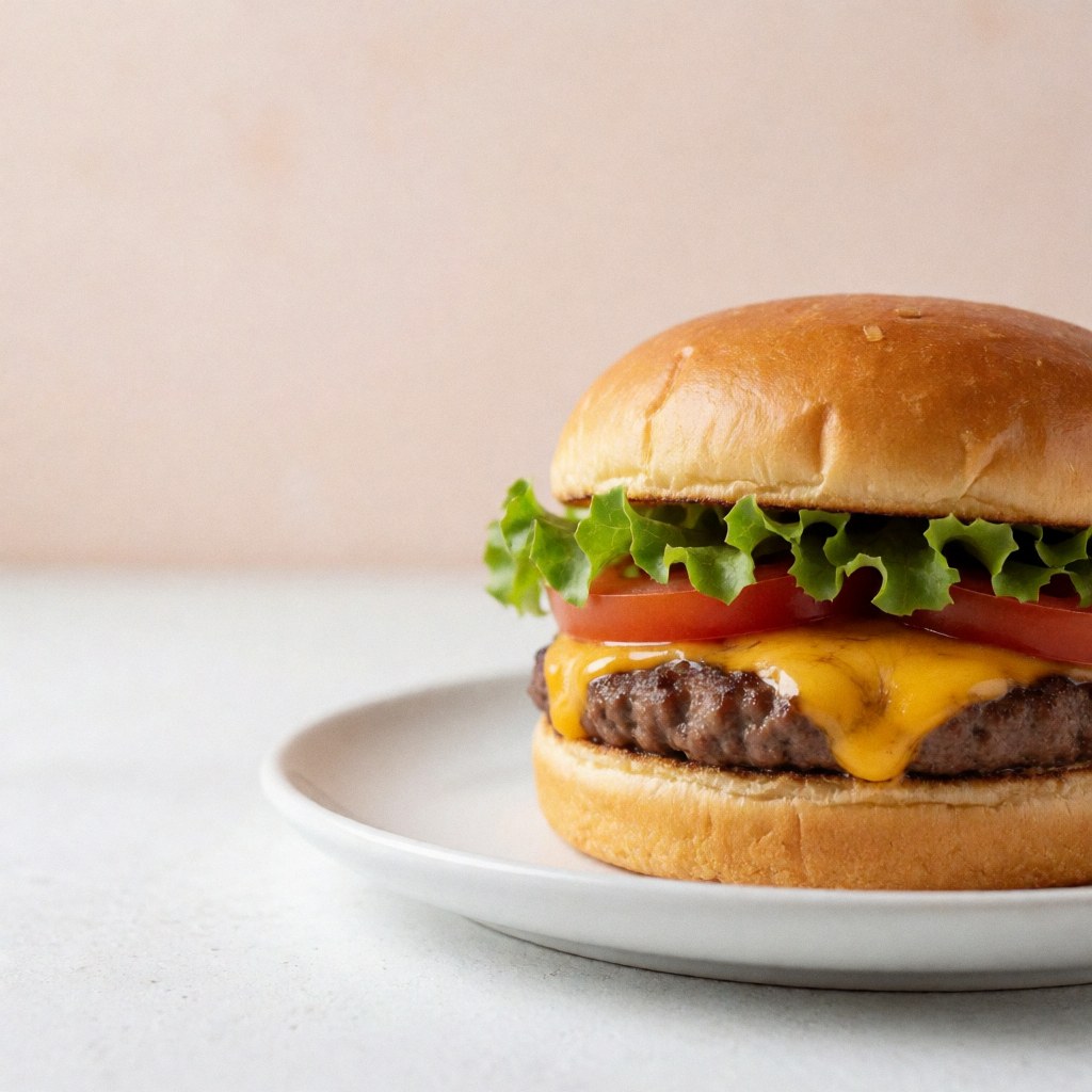 Un hamburger classique avec du fromage fondu, de la laitue et une tranche de tomate, posé sur une assiette blanche devant un mur en terre cuite claire éclairé par la lumière naturelle.