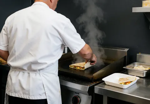 Un chef professionnel pose une quesadilla sur une plaque chaude avec de la vapeur s'élevant, dans une cuisine aux murs gris, dans un environnement réaliste et propre.