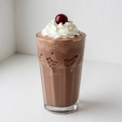Un milkshake onctueux au chocolat est présenté dans un verre transparent, garni d'une cerise rouge sur le dessus, sur un fond blanc.