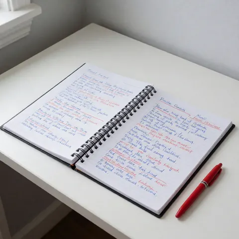 Un cahier d'exercices ouvert posé sur un bureau en bois, accompagné d'un stylo bleu, évoquant l'apprentissage des langues et les études académiques.